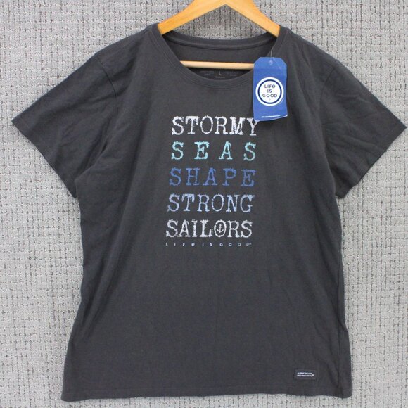 Life Is Good Shirt Women Large Gray Short Sleeve Stormy Seas Sailors Graphic NWT - Picture 1 of 10